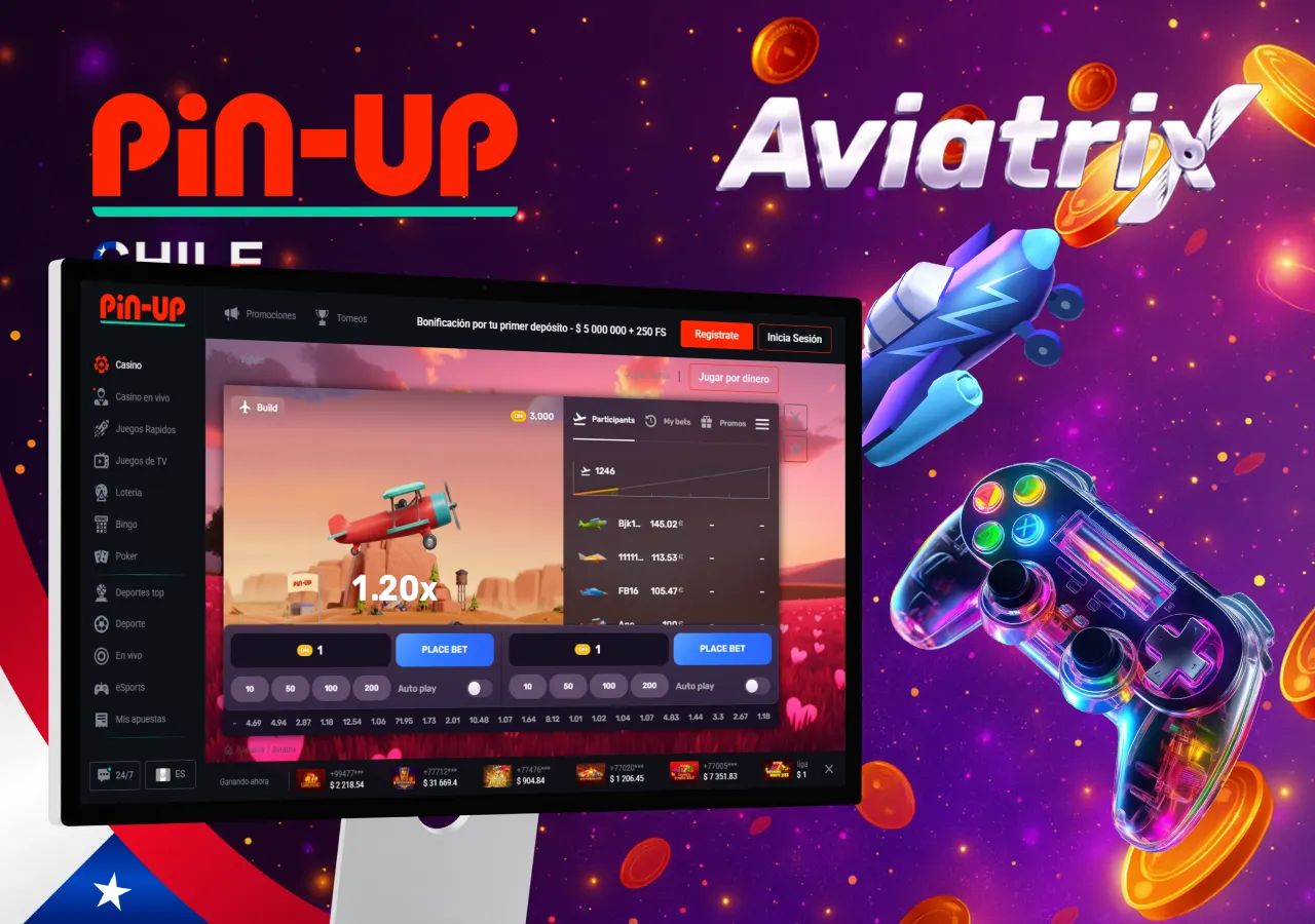 Pantalla de juego Aviatrix en el casino Chile con opción de apuesta y un avión rojo en ascenso.